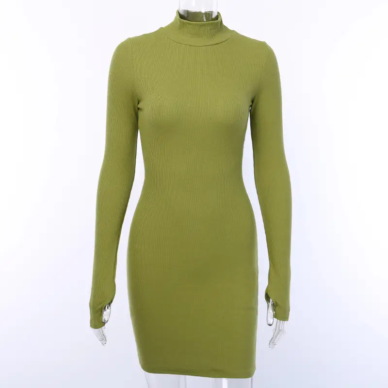 New Slim Fit High Neck Long Sleeve Hip Dress 2023