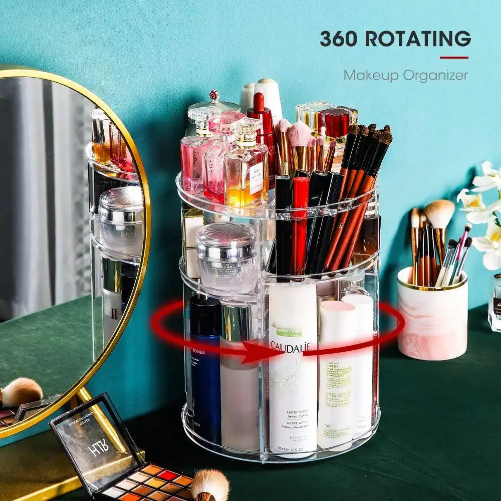 Transparent Desktop 360 Rotating Cosmetic Storage Box Dressing Table Amazon Cosmetic Brush Skin Care Storage Rack — feature 5