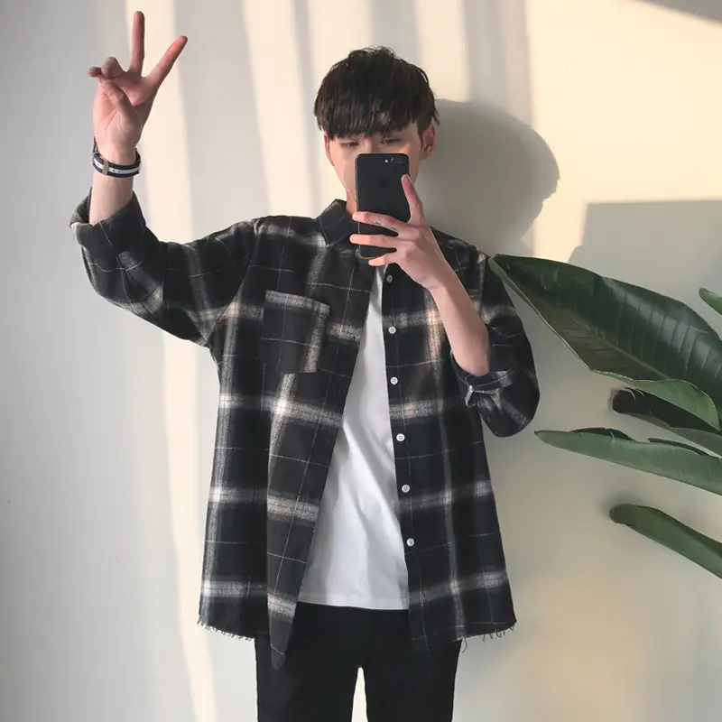 2021 Long Sleeve Plaid Shirt Men Casual Student Wear - Image 11