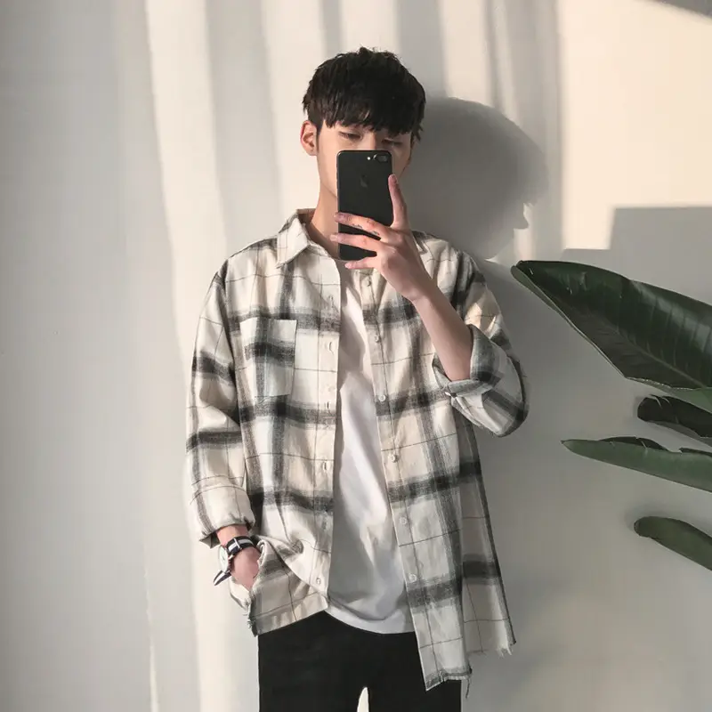 2021 Long Sleeve Plaid Shirt Men Casual Student Wear - Image 12