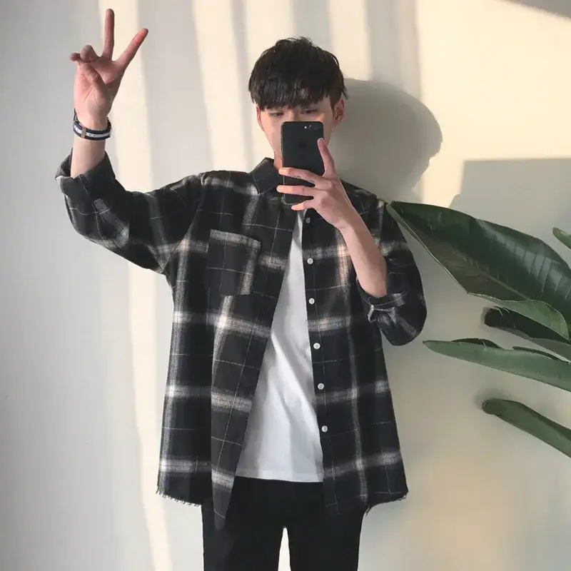 2021 Long Sleeve Plaid Shirt Men Casual Student Wear - Image 3