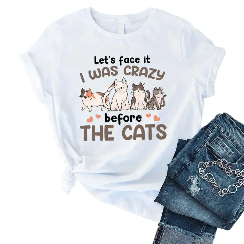 Pink Cat Print T-Shirt for Women Crew Neck Short Sleeve - Image 4