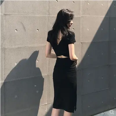 2025 Korean Style Black Bodycon Skirt Mid Length Slit Sleeve Dress - Image 4