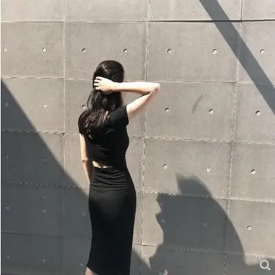 2025 Korean Style Black Bodycon Skirt Mid Length Slit Sleeve Dress - Image 6