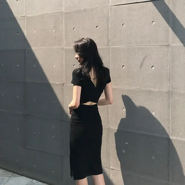 2025 Korean Style Black Bodycon Skirt Mid Length Slit Sleeve Dress — feature 10