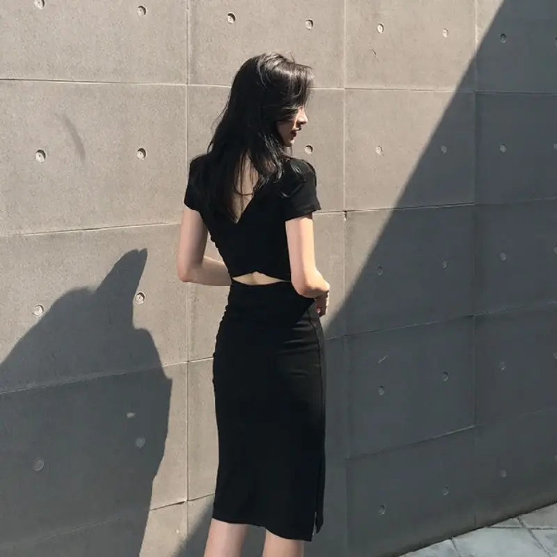 2025 Korean Style Black Bodycon Skirt Mid Length Slit Sleeve Dress — feature 15