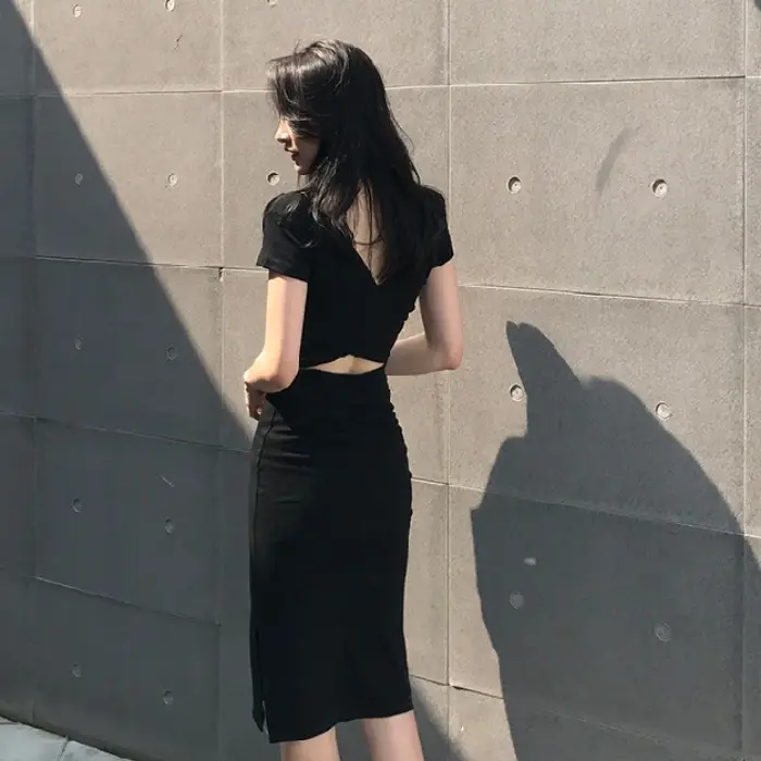 2025 Korean Style Black Bodycon Skirt Mid Length Slit Sleeve Dress — feature 17