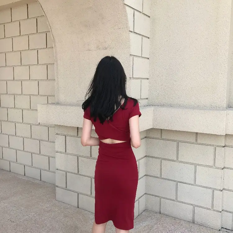2025 Korean Style Black Bodycon Skirt Mid Length Slit Sleeve Dress — feature 19