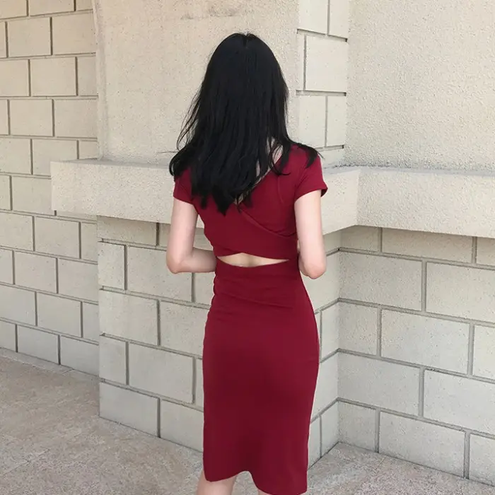 2025 Korean Style Black Bodycon Skirt Mid Length Slit Sleeve Dress — feature 21