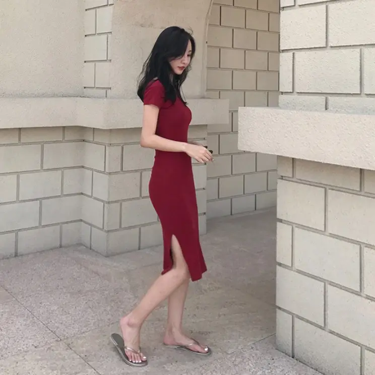 2025 Korean Style Black Bodycon Skirt Mid Length Slit Sleeve Dress — feature 24