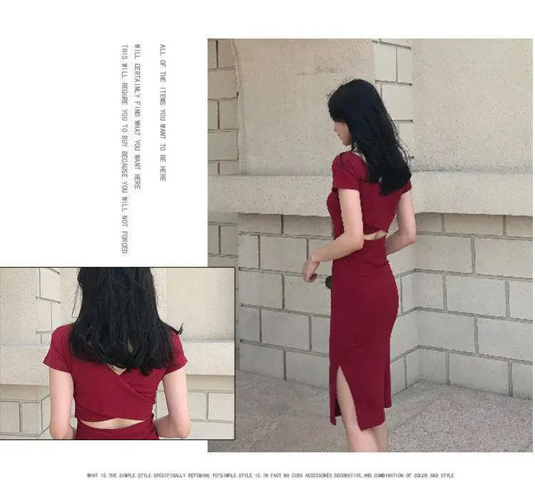 2025 Korean Style Black Bodycon Skirt Mid Length Slit Sleeve Dress — feature 5