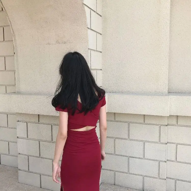 2025 Korean Style Black Bodycon Skirt Mid Length Slit Sleeve Dress — feature 6