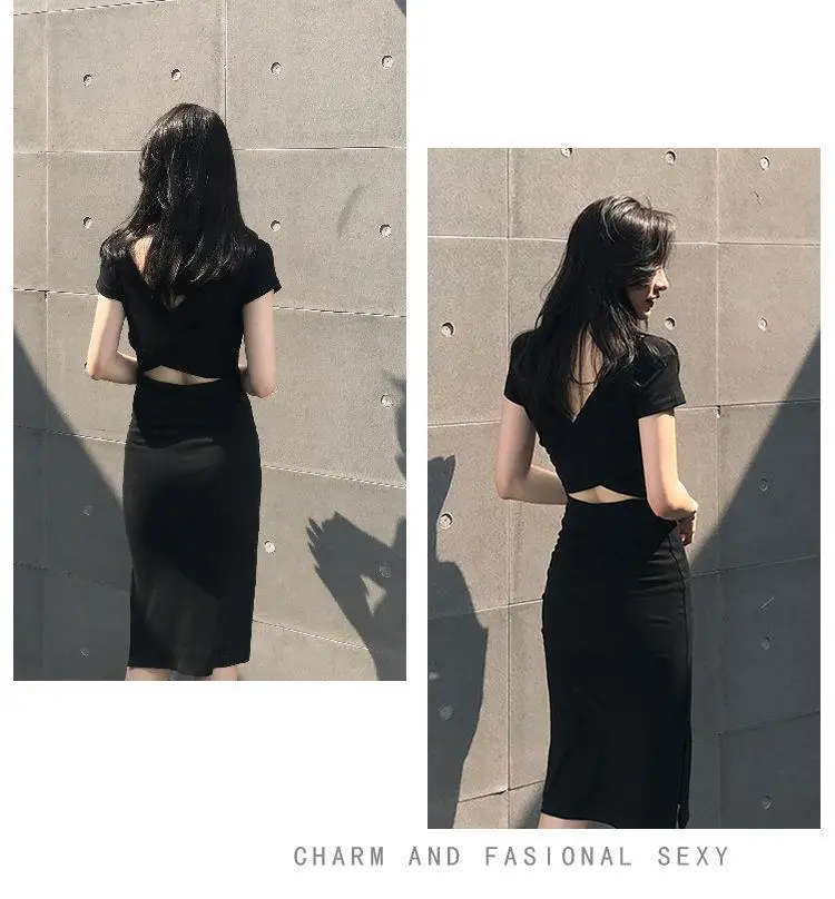 2025 Korean Style Black Bodycon Skirt Mid Length Slit Sleeve Dress — feature 7