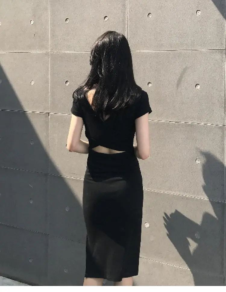 2025 Korean Style Black Bodycon Skirt Mid Length Slit Sleeve Dress — feature 8