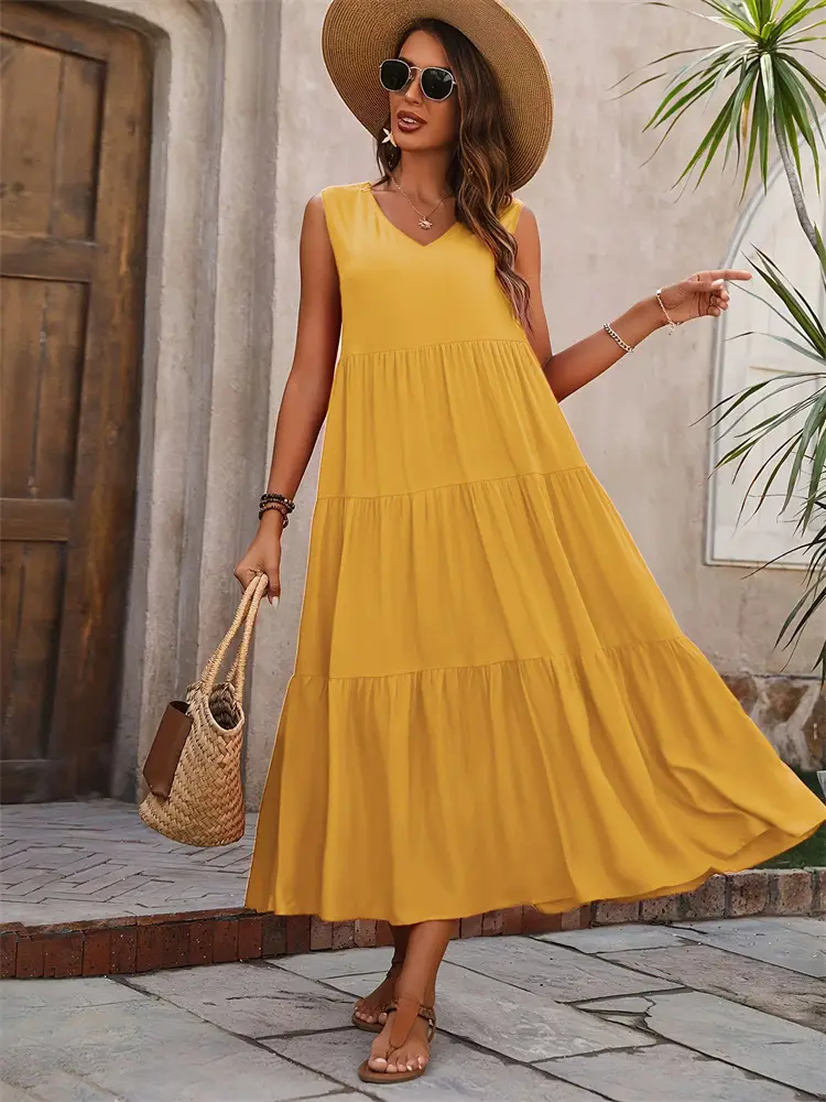 Green Layered V-Neck Dress for Women