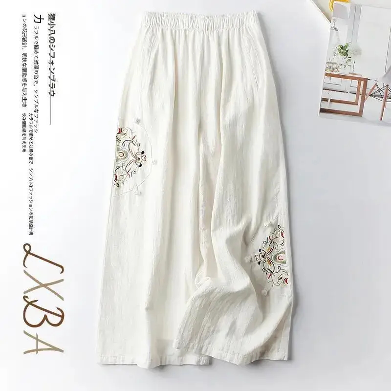 Women Linen Embroidered Wide Leg Pants Summer Casual