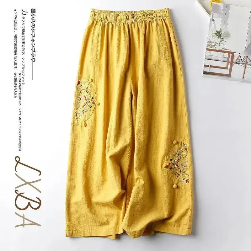 Women Linen Embroidered Wide Leg Pants Summer Casual