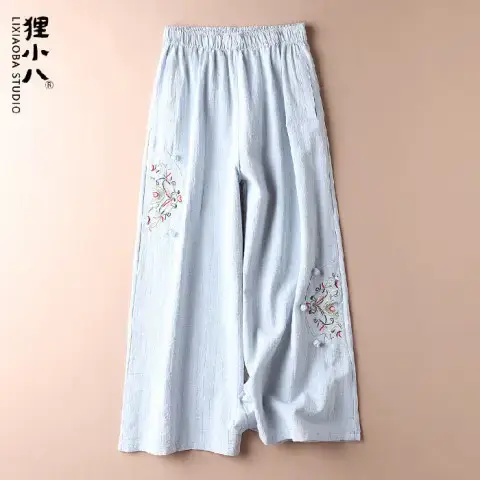 Women Linen Embroidered Wide Leg Pants Summer Casual