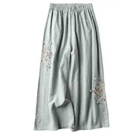 Women Linen Embroidered Wide Leg Pants Summer Casual