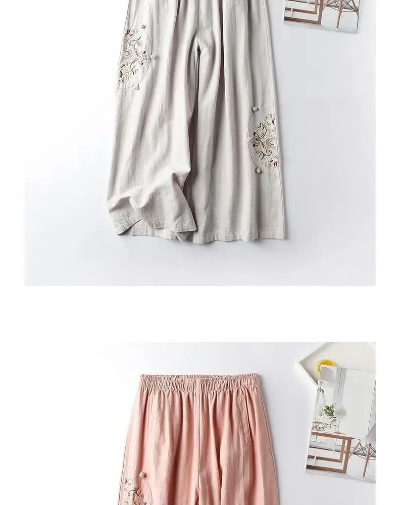 Women Linen Embroidered Wide Leg Pants Summer Casual — feature 10
