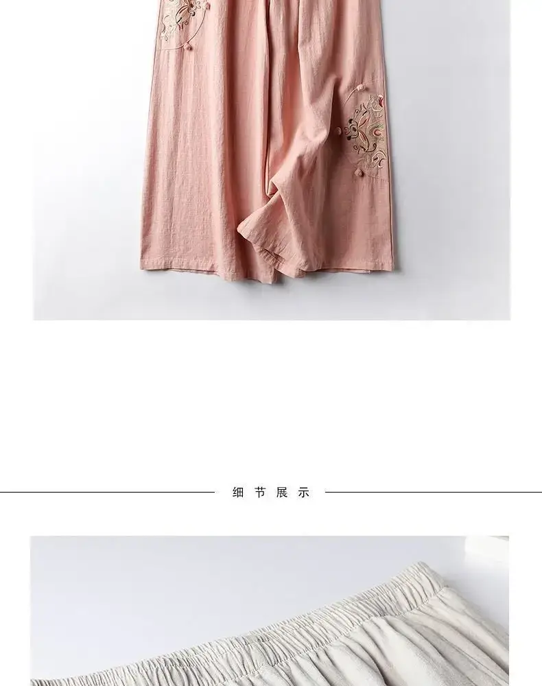 Women Linen Embroidered Wide Leg Pants Summer Casual — feature 11