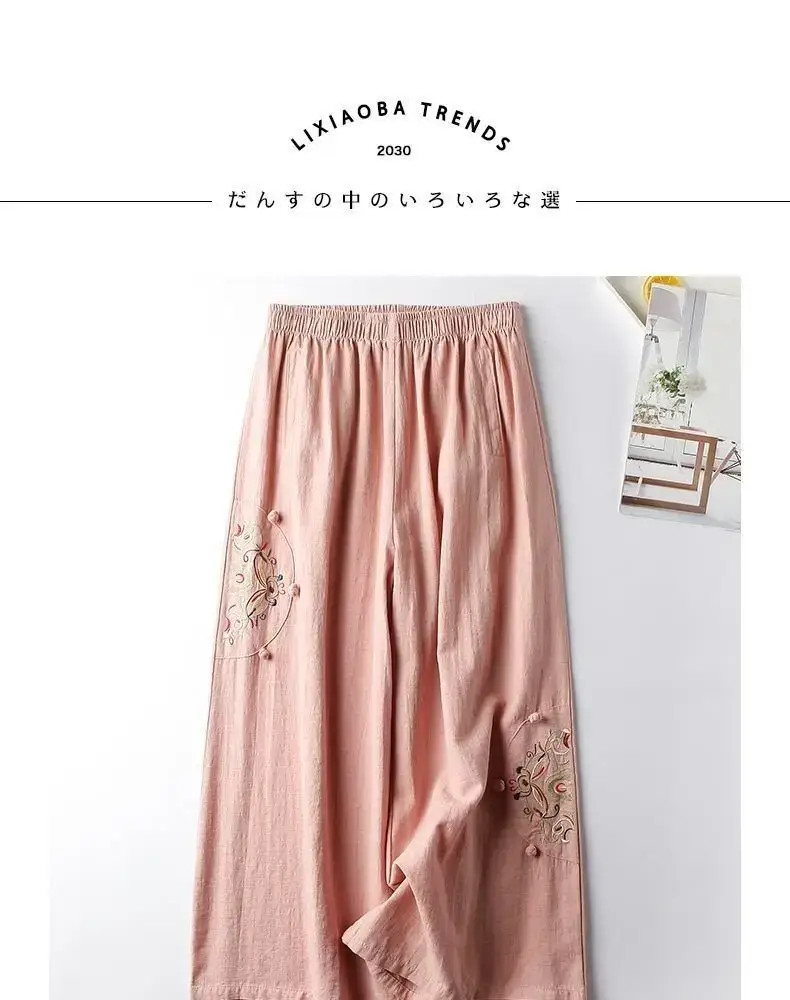 Women Linen Embroidered Wide Leg Pants Summer Casual — feature 2