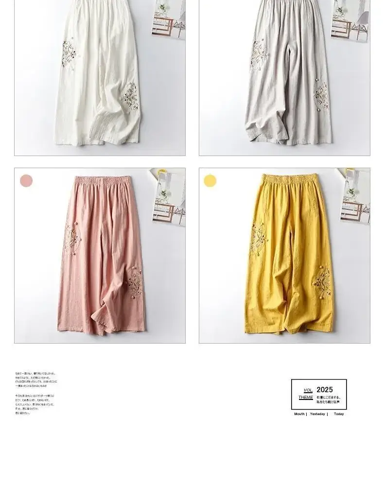 Women Linen Embroidered Wide Leg Pants Summer Casual — feature 5