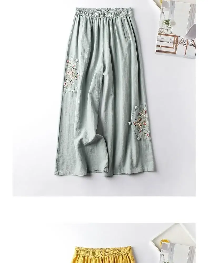 Women Linen Embroidered Wide Leg Pants Summer Casual — feature 7