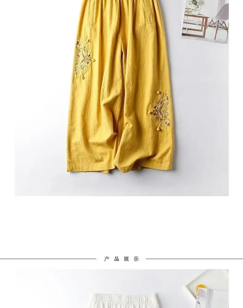 Women Linen Embroidered Wide Leg Pants Summer Casual — feature 8