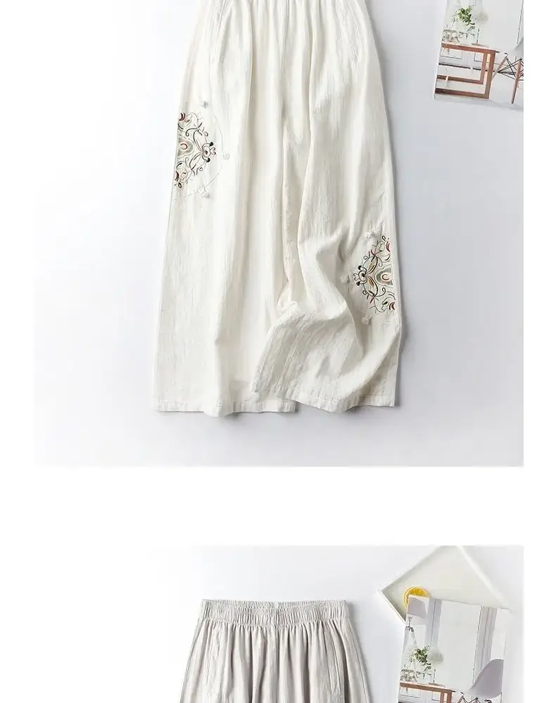Women Linen Embroidered Wide Leg Pants Summer Casual — feature 9