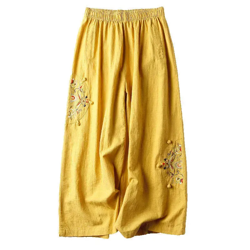 Women Linen Embroidered Wide Leg Pants Summer Casual