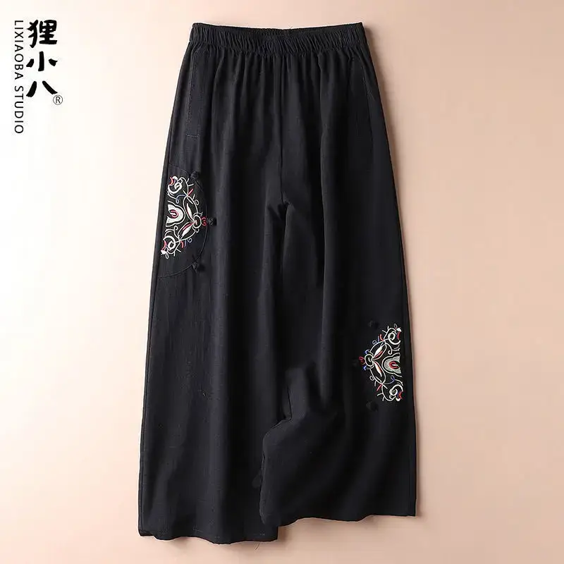 Women Linen Embroidered Wide Leg Pants Summer Casual