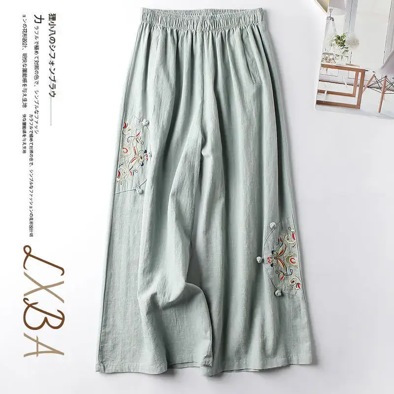 Women Linen Embroidered Wide Leg Pants Summer Casual