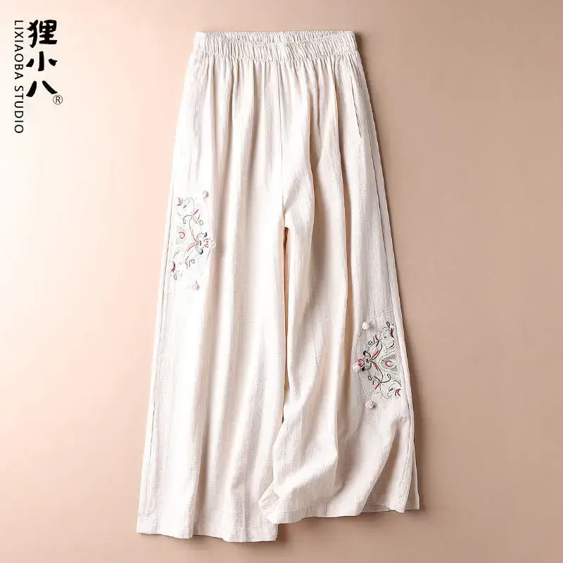 Women Linen Embroidered Wide Leg Pants Summer Casual