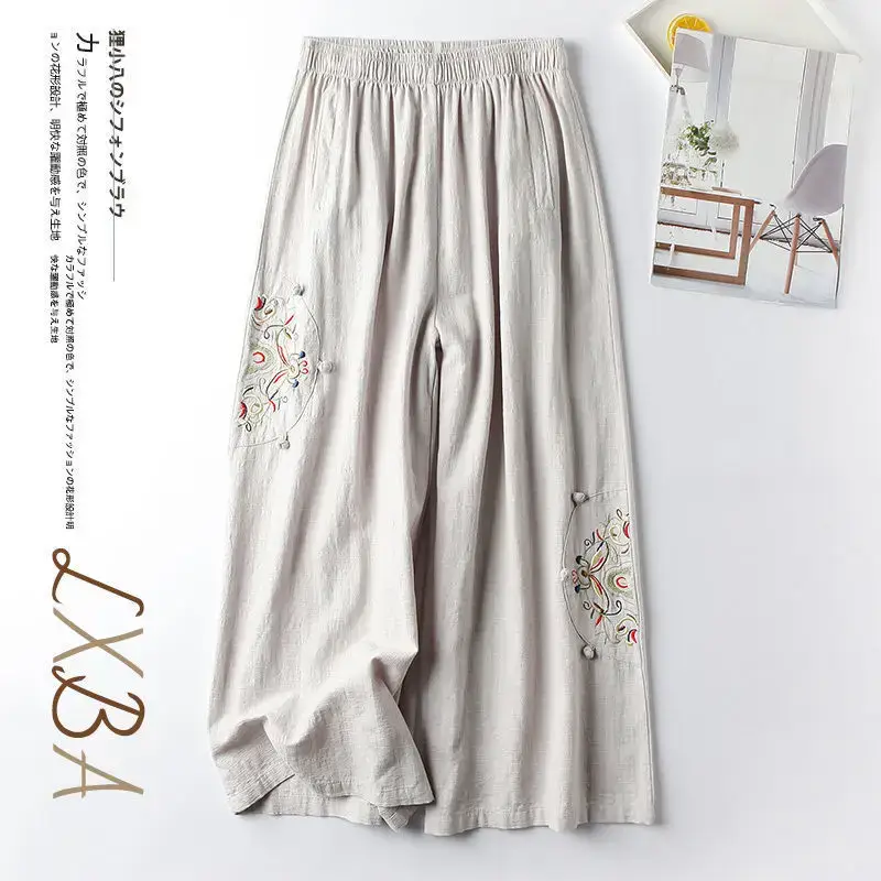 Women Linen Embroidered Wide Leg Pants Summer Casual