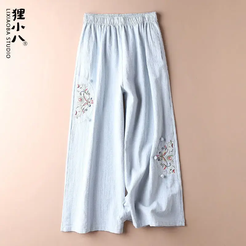 Women Linen Embroidered Wide Leg Pants Summer Casual