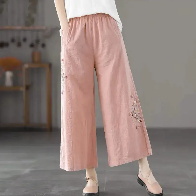 Women Linen Embroidered Wide Leg Pants Summer Casual
