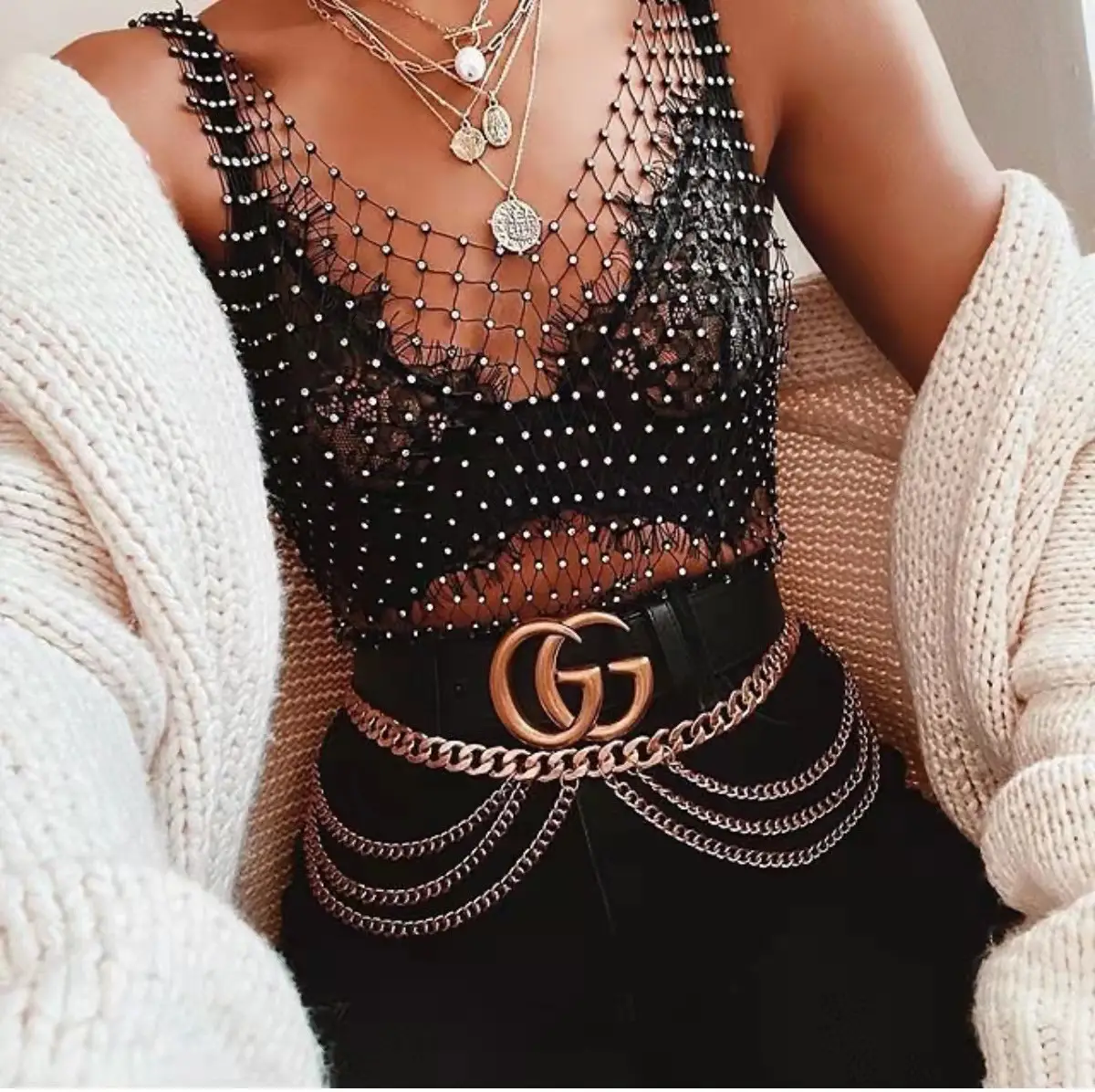 Black Rhinestone Fishnet Tank Top Sleeveless - Image 7