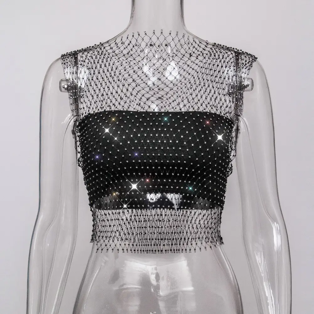 Black Rhinestone Fishnet Tank Top Sleeveless - Image 2