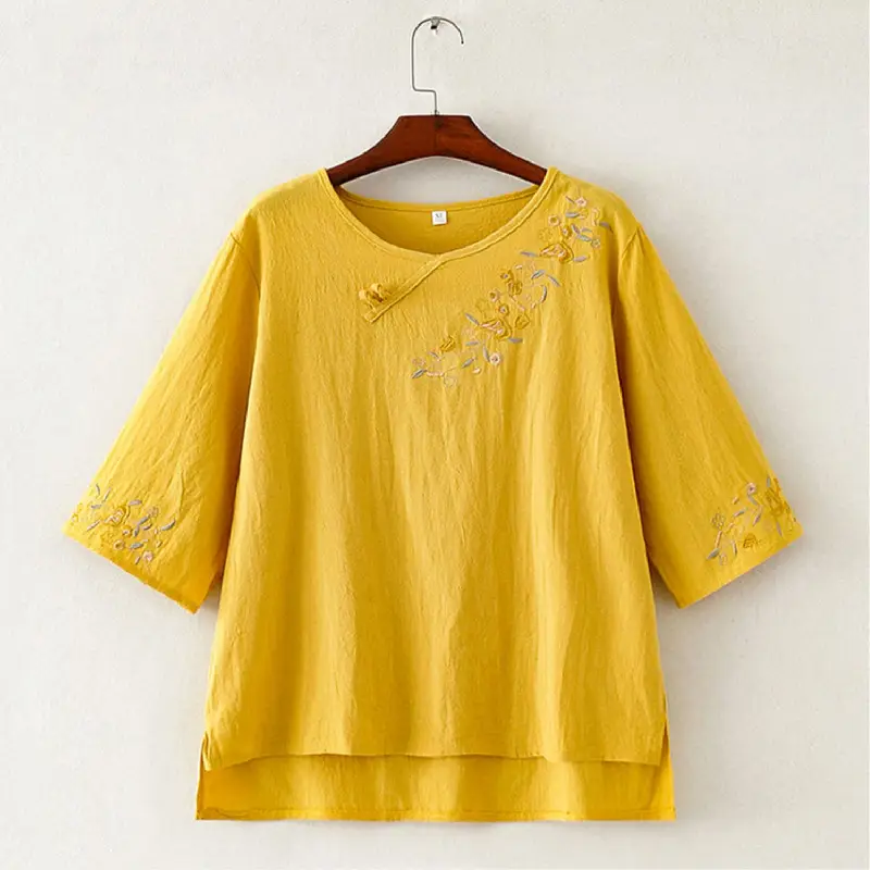 Women Yellow Embroidered T-Shirt Mid Length Loose Summer Cotton Linen - Image 3