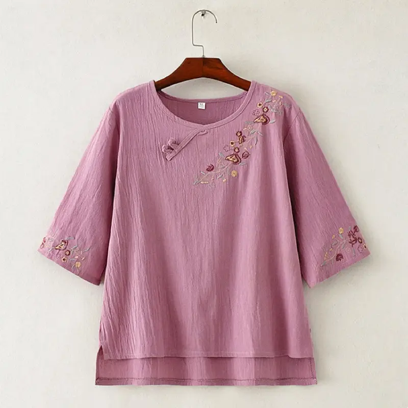 Women Yellow Embroidered T-Shirt Mid Length Loose Summer Cotton Linen - Image 4