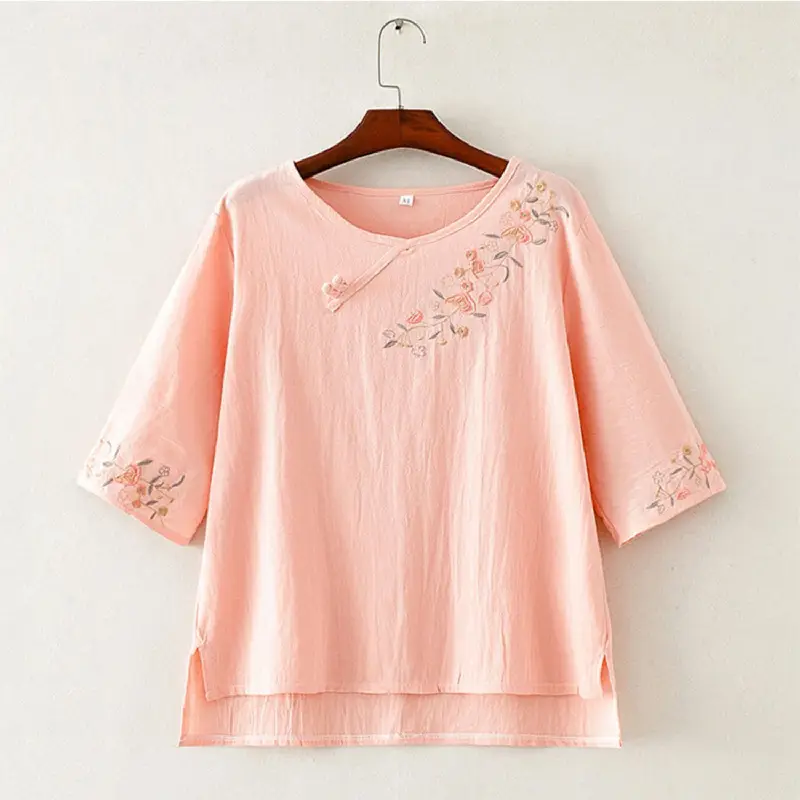 Women Yellow Embroidered T-Shirt Mid Length Loose Summer Cotton Linen - Image 2