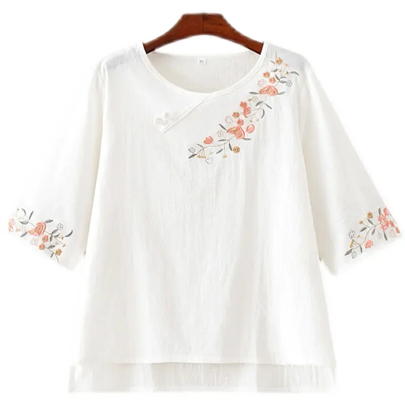 Women Yellow Embroidered T-Shirt Mid Length Loose Summer Cotton Linen - Image 5