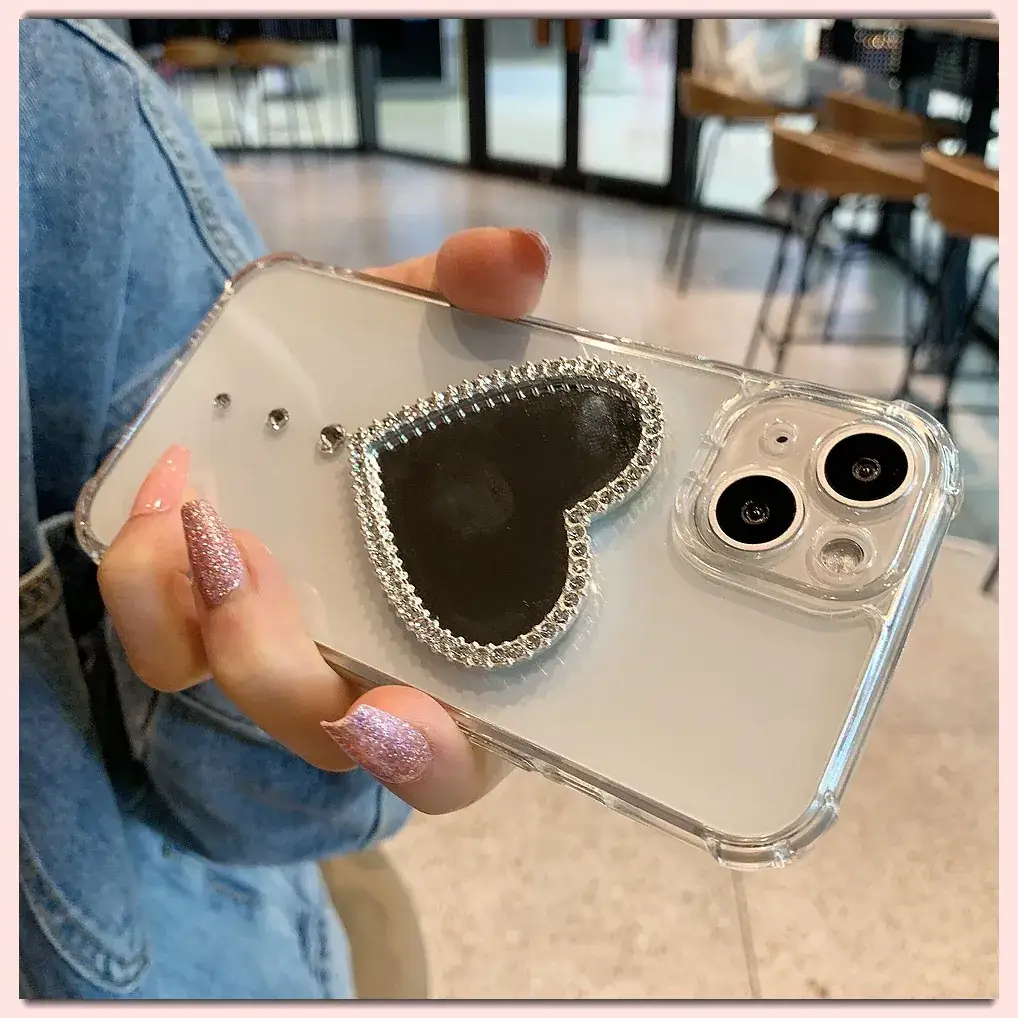 Rhinestone Heart Mirror Case for iPhone 17 Pro Max - Image 4