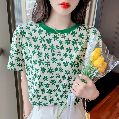 Women's Blue Floral Short Sleeve T-Shirt Summer Wear - Image 2