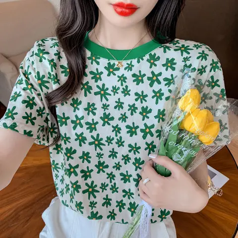 Women's Blue Floral Short Sleeve T-Shirt Summer Wear - Image 4