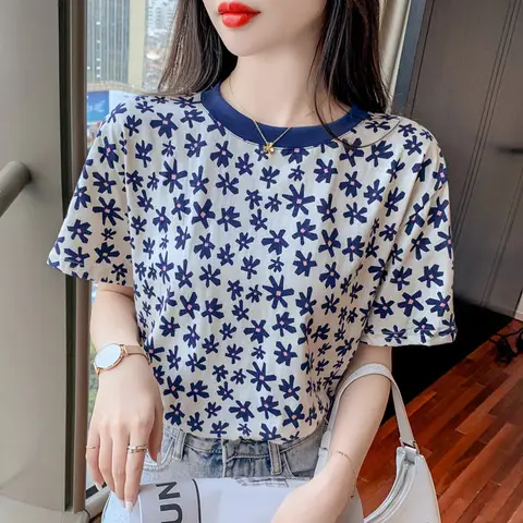 Women's Blue Floral Short Sleeve T-Shirt Summer Wear - Image 5