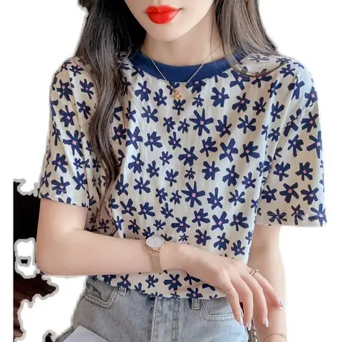 Women's Blue Floral Short Sleeve T-Shirt Summer Wear - Image 6