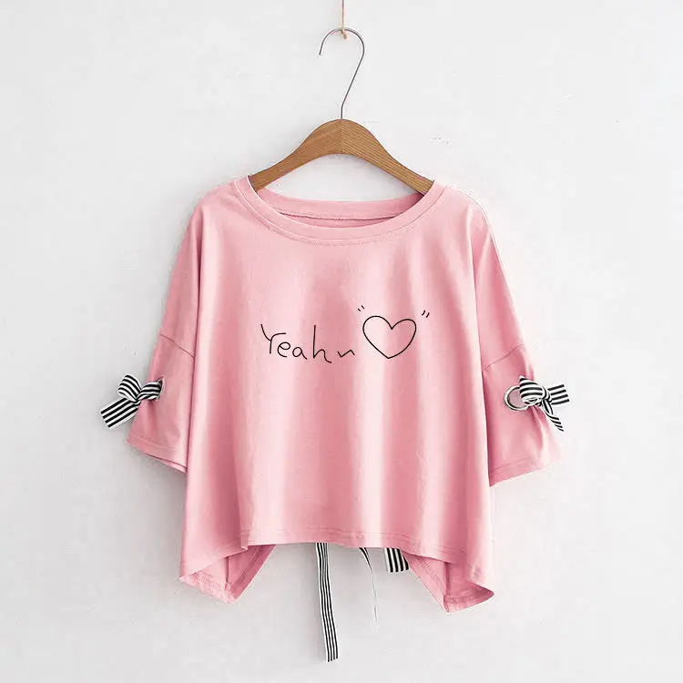 Women Yellow Bow Print T-Shirt Loose Sleeve Casual Top - Image 33