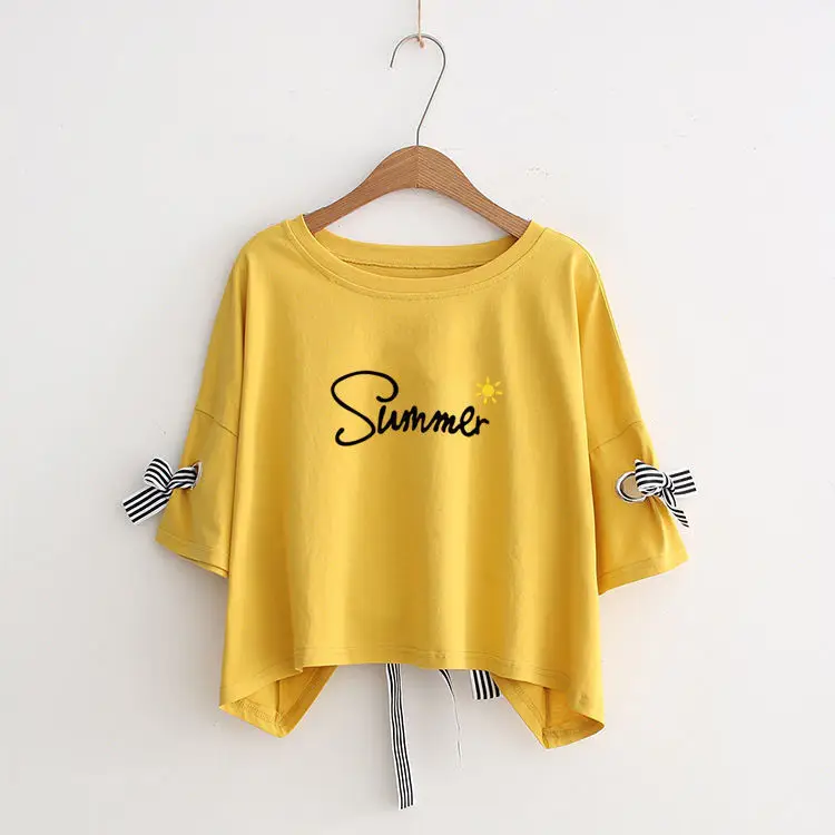 Women Yellow Bow Print T-Shirt Loose Sleeve Casual Top - Image 45